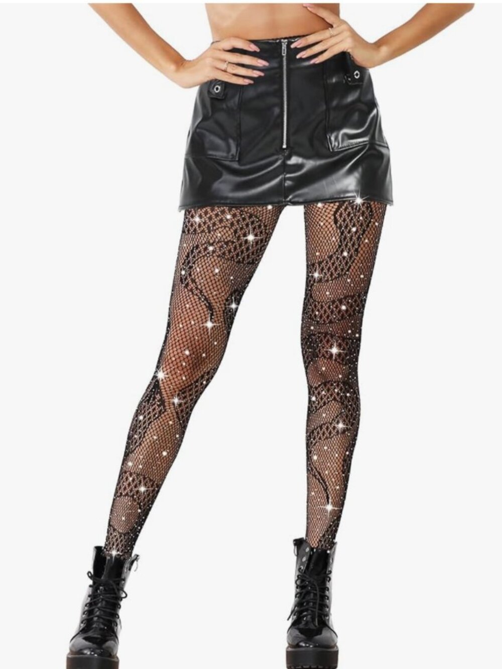 NIP Set of 2 Pairs Black Snake Jacquard Rhinestone Sparkle Fishnet Tights OS